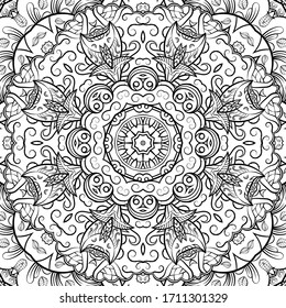 Seamless tracery tile mehndi design. Ethnic ornament, doodle symmetry texture. Folk traditional spiritual tribal design. Curved doodling motif. Binary monochrome black and white art. Vector