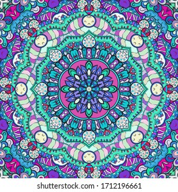 Seamless tracery tile mehndi design. Ethnic ornament, colorful doodle symmetry texture. Folk traditional spiritual tribal design. Curved doodling motif. Color art. Vector
