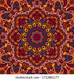 Seamless tracery tile mehndi design. Ethnic ornament, colorful doodle symmetry texture. Folk traditional spiritual tribal design. Curved doodling motif. Color art. Vector