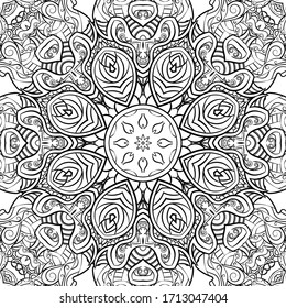 Seamless tracery tile mehndi design. Ethnic ornament, doodle symmetry texture. Folk traditional spiritual tribal design. Curved doodling motif. Binary monochrome black and white art. Vector