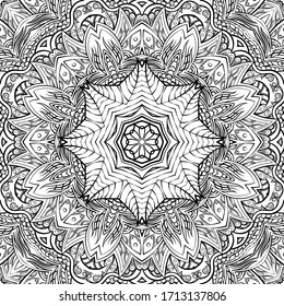 Seamless tracery tile mehndi design. Ethnic ornament, doodle symmetry texture. Folk traditional spiritual tribal design. Curved doodling motif. Binary monochrome black and white art. Vector