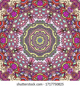 Seamless tracery tile mehndi design. Ethnic ornament, colorful doodle symmetry texture. Folk traditional spiritual tribal design. Curved doodling motif. Color art. Vector