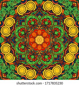 Seamless tracery tile mehndi design. Ethnic ornament, colorful doodle symmetry texture. Folk traditional spiritual tribal design. Curved doodling motif. Color art. Vector