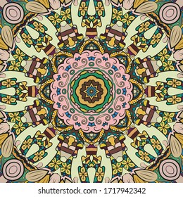 Seamless tracery tile mehndi design. Ethnic ornament, colorful doodle symmetry texture. Folk traditional spiritual tribal design. Curved doodling motif. Color art. Vector