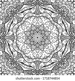 Seamless tracery tile mehndi design. Ethnic ornament, doodle symmetry texture. Folk traditional spiritual tribal design. Curved doodling motif. Binary monochrome black and white art. Vector