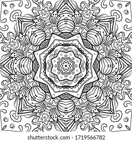 Seamless tracery tile mehndi design. Ethnic ornament, doodle symmetry texture. Folk traditional spiritual tribal design. Curved doodling motif. Binary monochrome black and white art. Vector