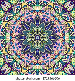 Seamless tracery tile mehndi design. Ethnic ornament, colorful doodle symmetry texture. Folk traditional spiritual tribal design. Curved doodling motif. Color art. Vector