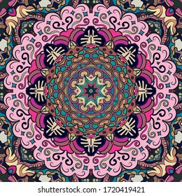 Seamless tracery tile mehndi design. Ethnic ornament, colorful doodle symmetry texture. Folk traditional spiritual tribal design. Curved doodling motif. Color art. Vector