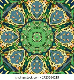 Seamless tracery tile mehndi design. Ethnic ornament, colorful doodle symmetry texture. Folk traditional spiritual tribal design. Curved doodling motif. Color art. Vector