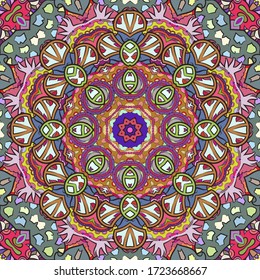 Seamless tracery tile mehndi design. Ethnic ornament, colorful doodle symmetry texture. Folk traditional spiritual tribal design. Curved doodling motif. Color art. Vector