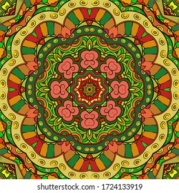 Seamless tracery tile mehndi design. Ethnic ornament, colorful doodle symmetry texture. Folk traditional spiritual tribal design. Curved doodling motif. Color art. Vector