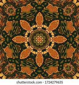 Seamless tracery tile mehndi design. Ethnic ornament, colorful doodle symmetry texture. Folk traditional spiritual tribal design. Curved doodling motif. Color art. Vector