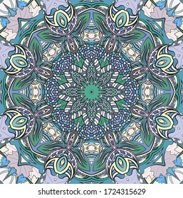 Seamless tracery tile mehndi design. Ethnic ornament, colorful doodle symmetry texture. Folk traditional spiritual tribal design. Curved doodling motif. Color art. Vector