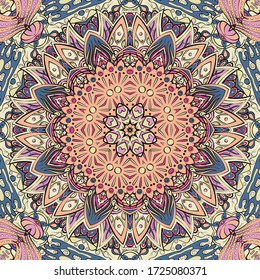 Seamless tracery tile mehndi design. Ethnic ornament, colorful doodle symmetry texture. Folk traditional spiritual tribal design. Curved doodling motif. Color art. Vector