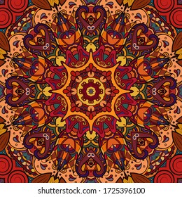 Seamless tracery tile mehndi design. Ethnic ornament, colorful doodle symmetry texture. Folk traditional spiritual tribal design. Curved doodling motif. Color art. Vector