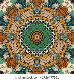 Seamless tracery tile mehndi design. Ethnic ornament, colorful doodle symmetry texture. Folk traditional spiritual tribal design. Curved doodling motif. Color art. Vector