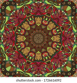 Seamless tracery tile mehndi design. Ethnic ornament, colorful doodle symmetry texture. Folk traditional spiritual tribal design. Curved doodling motif. Color art. Vector