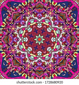 Seamless tracery tile mehndi design. Ethnic ornament, colorful doodle symmetry texture. Folk traditional spiritual tribal design. Curved doodling motif. Color art. Vector