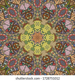 Seamless tracery tile mehndi design. Ethnic ornament, colorful doodle symmetry texture. Folk traditional spiritual tribal design. Curved doodling motif. Color art. Vector