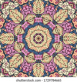 Seamless tracery tile mehndi design. Ethnic ornament, colorful doodle symmetry texture. Folk traditional spiritual tribal design. Curved doodling motif. Color art. Vector