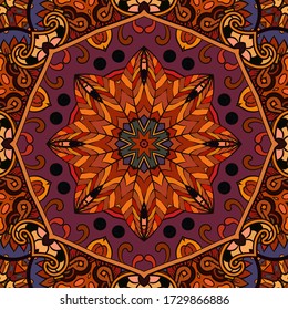 Seamless tracery tile mehndi design. Ethnic ornament, colorful doodle symmetry texture. Folk traditional spiritual tribal design. Curved doodling motif. Color art. Vector
