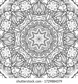Seamless tracery tile mehndi design. Ethnic ornament, doodle symmetry texture. Folk traditional spiritual tribal design. Curved doodling motif. Binary monochrome black and white art. Vector