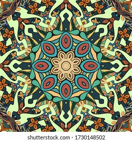 Seamless tracery tile mehndi design. Ethnic ornament, colorful doodle symmetry texture. Folk traditional spiritual tribal design. Curved doodling motif. Color art. Vector