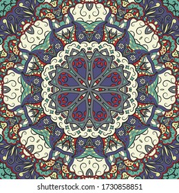 Seamless tracery tile mehndi design. Ethnic ornament, colorful doodle symmetry texture. Folk traditional spiritual tribal design. Curved doodling motif. Color art. Vector