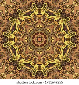 Seamless tracery tile mehndi design. Ethnic ornament, colorful doodle symmetry texture. Folk traditional spiritual tribal design. Curved doodling motif. Color art. Vector