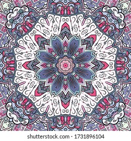 Seamless tracery tile mehndi design. Ethnic ornament, colorful doodle symmetry texture. Folk traditional spiritual tribal design. Curved doodling motif. Color art. Vector
