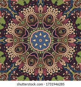 Seamless tracery tile mehndi design. Ethnic ornament, colorful doodle symmetry texture. Folk traditional spiritual tribal design. Curved doodling motif. Color art. Vector