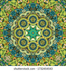Seamless tracery tile mehndi design. Ethnic ornament, colorful doodle symmetry texture. Folk traditional spiritual tribal design. Curved doodling motif. Color art. Vector