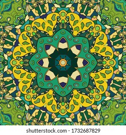 Seamless tracery tile mehndi design. Ethnic ornament, colorful doodle symmetry texture. Folk traditional spiritual tribal design. Curved doodling motif. Color art. Vector