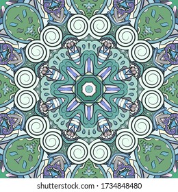 Seamless tracery tile mehndi design. Ethnic ornament, colorful doodle symmetry texture. Folk traditional spiritual tribal design. Curved doodling motif. Color art. Vector