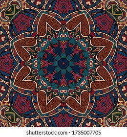 Seamless tracery tile mehndi design. Ethnic ornament, colorful doodle symmetry texture. Folk traditional spiritual tribal design. Curved doodling motif. Color art. Vector