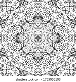 Seamless tracery tile mehndi design. Ethnic ornament, doodle symmetry texture. Folk traditional spiritual tribal design. Curved doodling motif. Binary monochrome black and white art. Vector