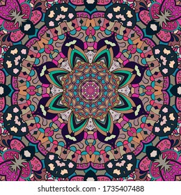 Seamless tracery tile mehndi design. Ethnic ornament, colorful doodle symmetry texture. Folk traditional spiritual tribal design. Curved doodling motif. Color art. Vector