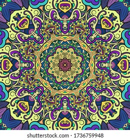 Seamless tracery tile mehndi design. Ethnic ornament, colorful doodle symmetry texture. Folk traditional spiritual tribal design. Curved doodling motif. Color art. Vector