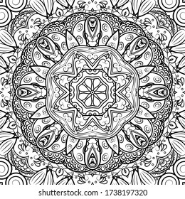 Seamless tracery tile mehndi design. Ethnic ornament, doodle symmetry texture. Folk traditional spiritual tribal design. Curved doodling motif. Binary monochrome black and white art. Vector