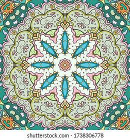 Seamless tracery tile mehndi design. Ethnic ornament, colorful doodle symmetry texture. Folk traditional spiritual tribal design. Curved doodling motif. Color art. Vector