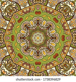 Seamless tracery tile mehndi design. Ethnic ornament, colorful doodle symmetry texture. Folk traditional spiritual tribal design. Curved doodling motif. Color art. Vector