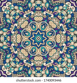 Seamless tracery tile mehndi design. Ethnic ornament, colorful doodle symmetry texture. Folk traditional spiritual tribal design. Curved doodling motif. Color art. Vector