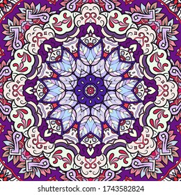 Seamless tracery tile mehndi design. Ethnic ornament, colorful doodle symmetry texture. Folk traditional spiritual tribal design. Curved doodling motif. Color art. Vector