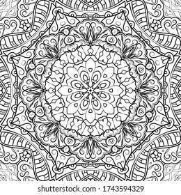 Seamless tracery tile mehndi design. Ethnic ornament, doodle symmetry texture. Folk traditional spiritual tribal design. Curved doodling motif. Binary monochrome black and white art. Vector