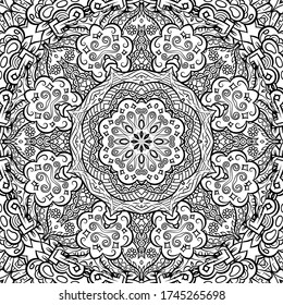 Seamless tracery tile mehndi design. Ethnic ornament, doodle symmetry texture. Folk traditional spiritual tribal design. Curved doodling motif. Binary monochrome black and white art. Vector