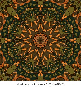Seamless tracery tile mehndi design. Ethnic ornament, colorful doodle symmetry texture. Folk traditional spiritual tribal design. Curved doodling motif. Color art. Vector