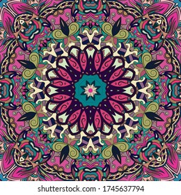 Seamless tracery tile mehndi design. Ethnic ornament, colorful doodle symmetry texture. Folk traditional spiritual tribal design. Curved doodling motif. Color art. Vector