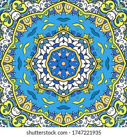 Seamless tracery tile mehndi design. Ethnic ornament, colorful doodle symmetry texture. Folk traditional spiritual tribal design. Curved doodling motif. Color art. Vector