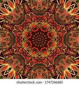 Seamless tracery tile mehndi design. Ethnic ornament, colorful doodle symmetry texture. Folk traditional spiritual tribal design. Curved doodling motif. Color art. Vector