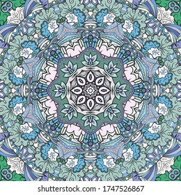 Seamless tracery tile mehndi design. Ethnic ornament, colorful doodle symmetry texture. Folk traditional spiritual tribal design. Curved doodling motif. Color art. Vector